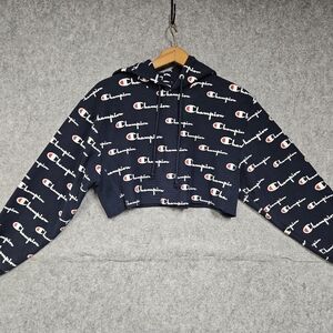 Champion Women's Navy Logo Print Cropped Reverse Weave Hoodie
